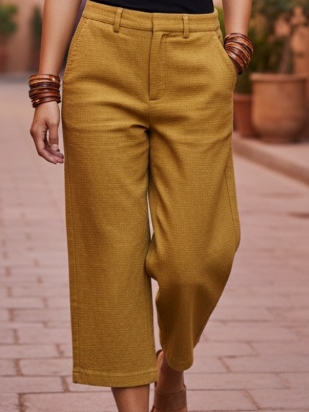 Massimo Dutti Pants Mustard Wide Leg Textured Cotton Trouser Curved Hem